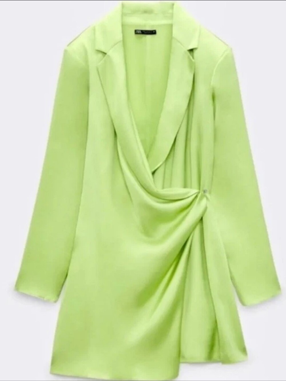 Zara Lime Satin Wrap Long Sleeve Mini Dress M - Picture 2 of 6